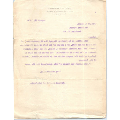 1904 Letter Adjutant-General of California Regarding Gen. William C. Kibbe D18