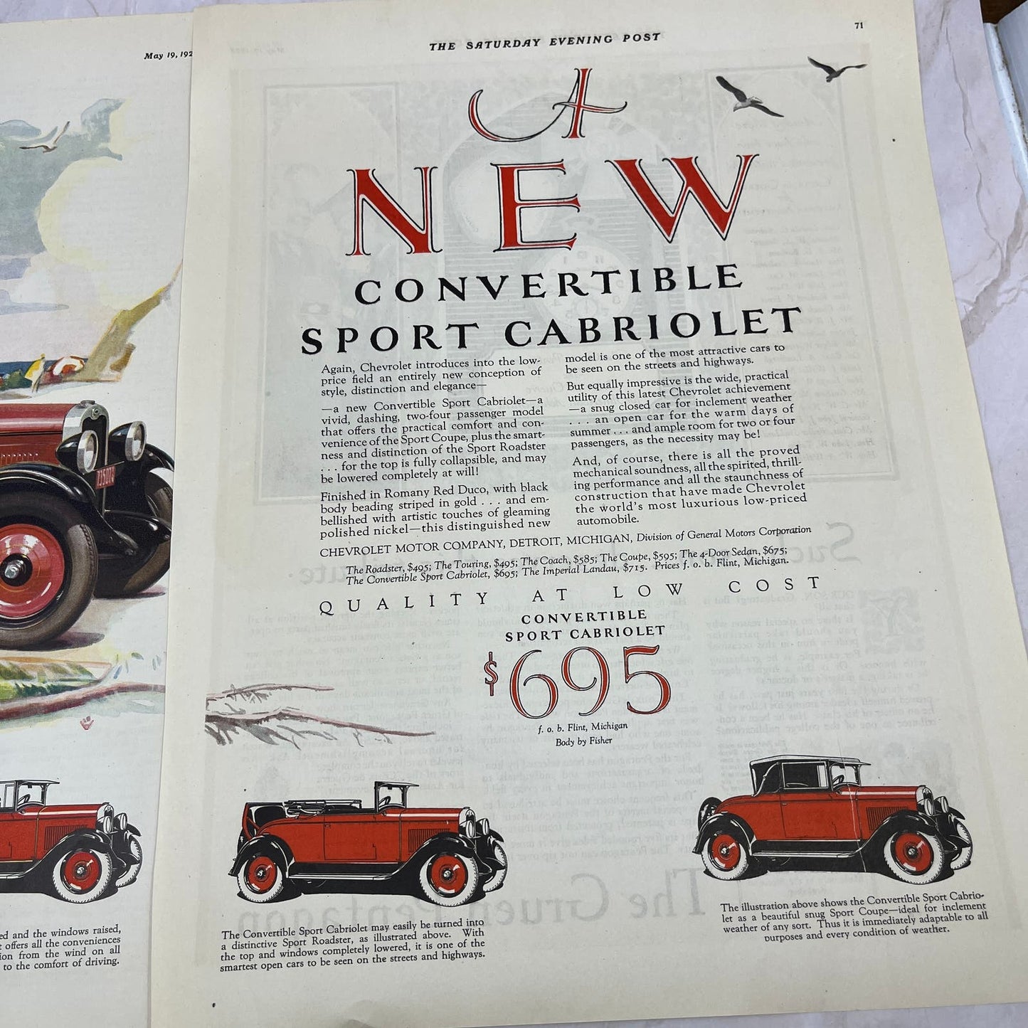 Chevrolet Sport Cabriolet Convertible 2 Pages 1928 Original Advertisement FL6-8