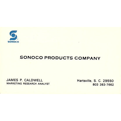 Sonoco Products Co James P Caldwell Hartsille S. C. Vintage Business Card SB4-B9