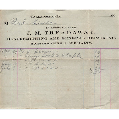 J.M. Treadway Blacksmith Tallapoosa GA c1900 Original Billhead Letterhead D8-LL