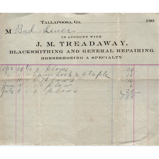 J.M. Treadway Blacksmith Tallapoosa GA c1900 Original Billhead Letterhead D8-LL