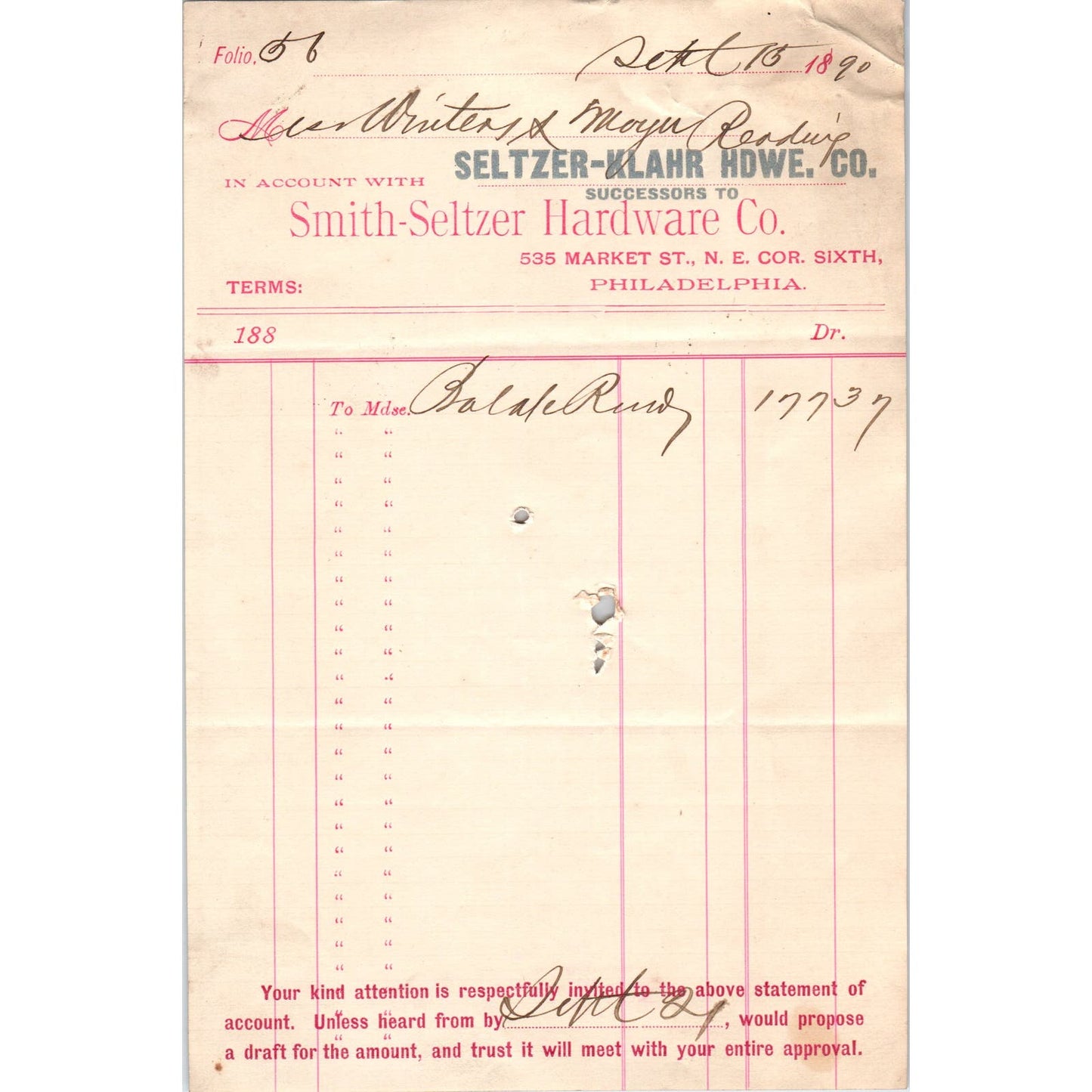 1890 Seltzer-Klahr Hardware Co Philadelphia Original Billhead Letterhead AE7