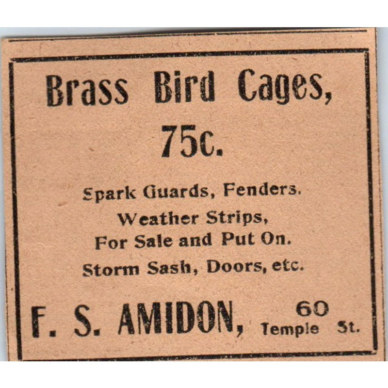 F.S. Amidon Brass Bird Cages Hartford 1901 Newspaper Ad AD8-HS1