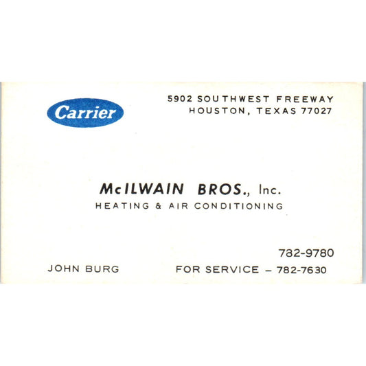 Carrier McIlwain Bros HVAC John Burg Houston TX Vintage Business Card SD4-B1