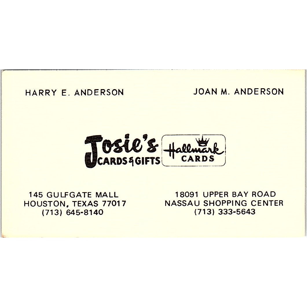 Josie's Cards and Gifts Joan M Anderson Houston TX Vintage Business Card SB4-B8