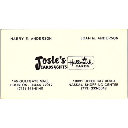 Josie's Cards and Gifts Joan M Anderson Houston TX Vintage Business Card SB4-B8