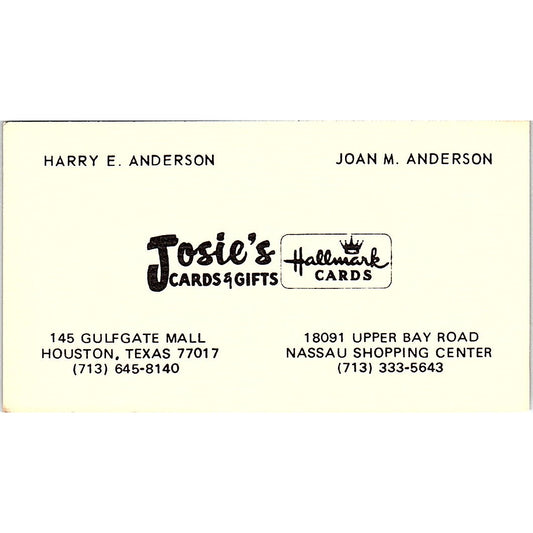 Josie's Cards and Gifts Joan M Anderson Houston TX Vintage Business Card SB4-B8