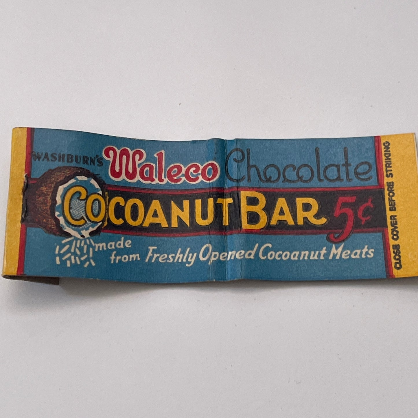 Washburn's Waleco Chocolate Cocoanut Bar Vintage Matchbook Cover TB8-MB-10