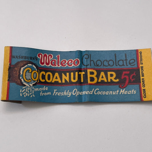 Washburn's Waleco Chocolate Cocoanut Bar Vintage Matchbook Cover TB8-MB-10
