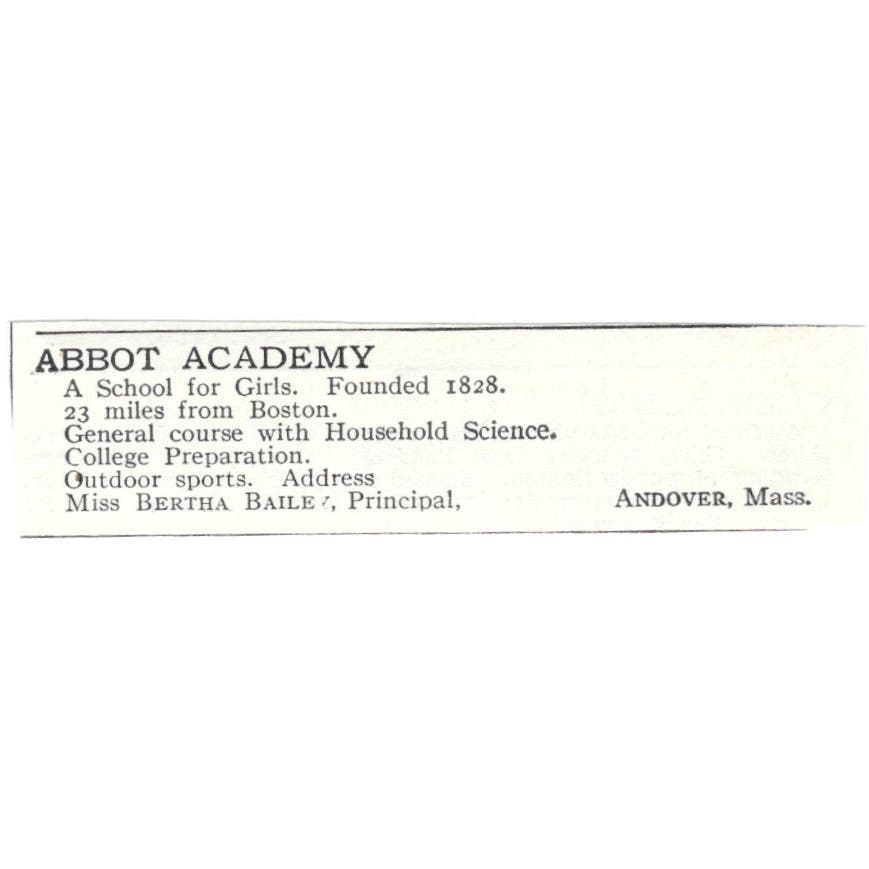 Abbott Academy Bertha Bailey Andover MA c1918 Original Advertisement AE5-SA5