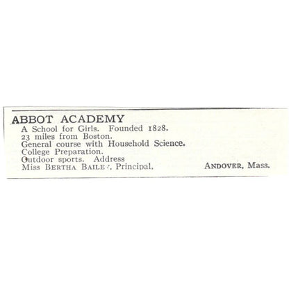 Abbott Academy Bertha Bailey Andover MA c1918 Original Advertisement AE5-SA5