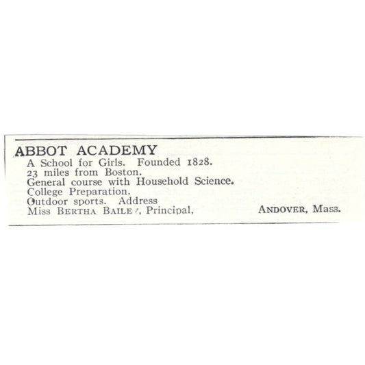 Abbott Academy Bertha Bailey Andover MA c1918 Original Advertisement AE5-SA5