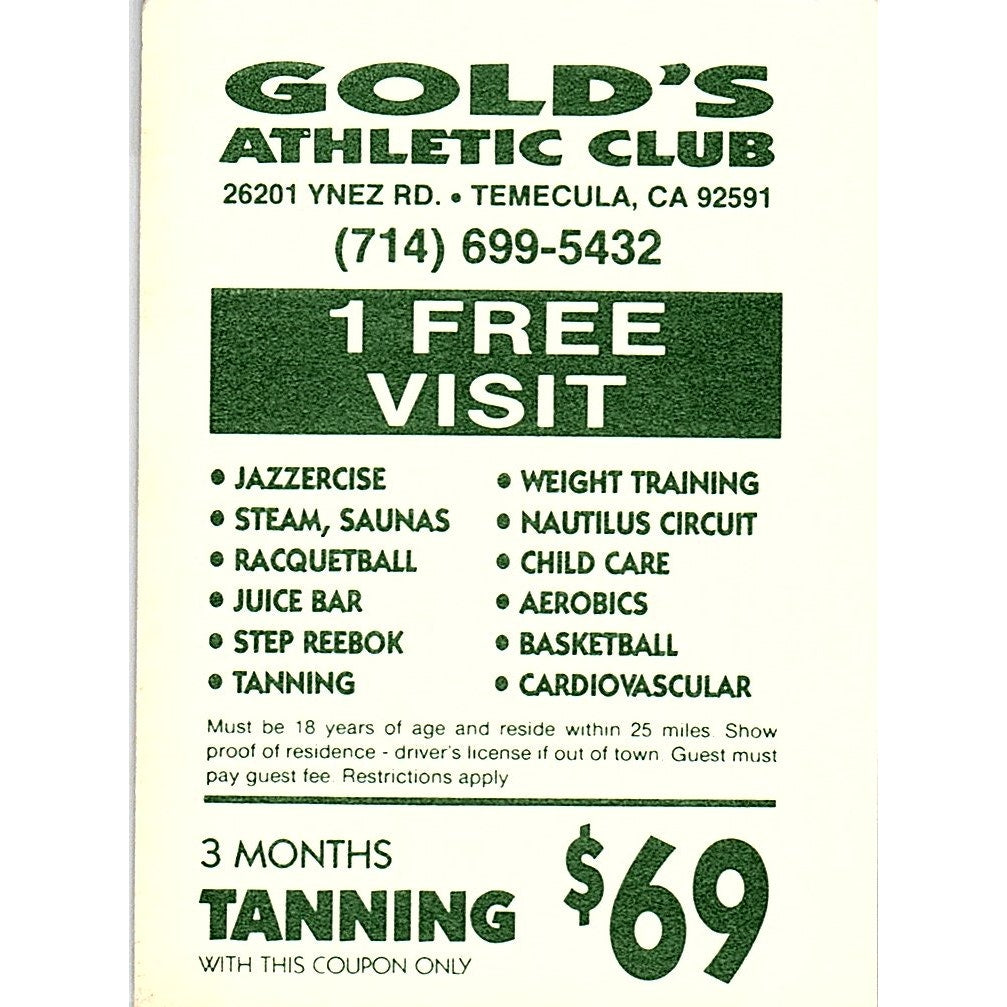 Gold's Athletic Club Temecula CA Vintage Business Card TH2-B1
