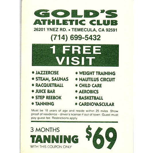 Gold's Athletic Club Temecula CA Vintage Business Card TH2-B1