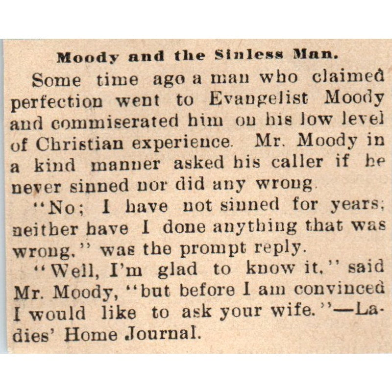 Evangelist Moody & the Sinless Man Milwaukee 1898 Newspaper Clip AF7-SS9