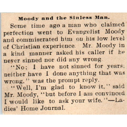 Evangelist Moody & the Sinless Man Milwaukee 1898 Newspaper Clip AF7-SS9