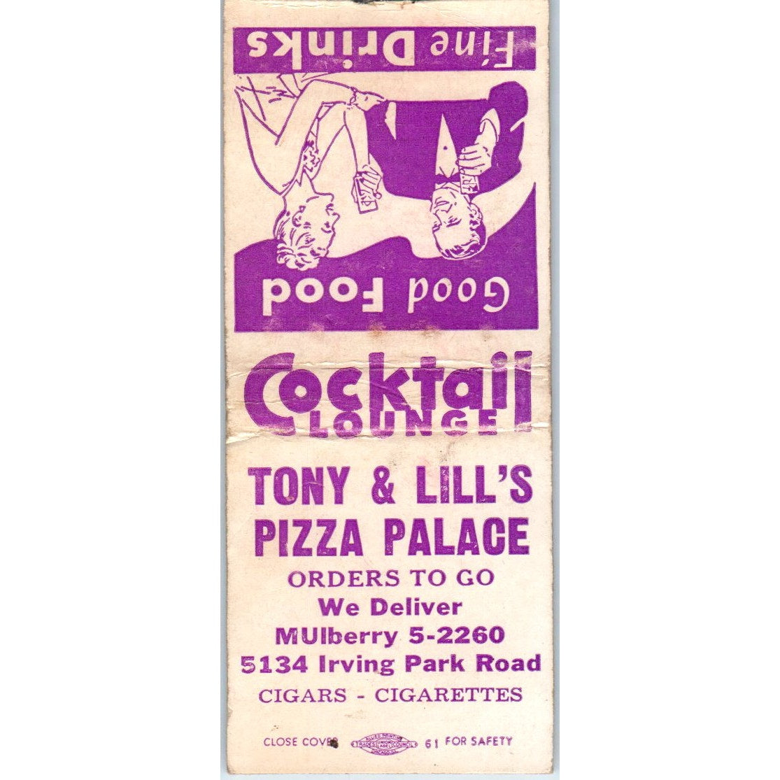 Tony & Lill's Pizza Palace 5134 Irving Park Rd Chicago Vintage Matchbook SD4-Y3