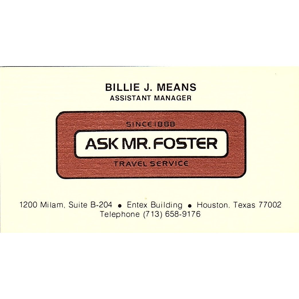 Ask Mr Foster Travel Service Billie J Means Houston Texas Business Card SB4-B7