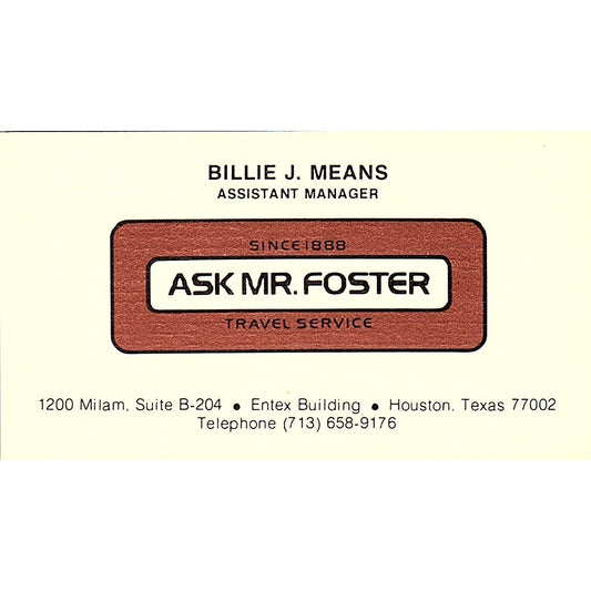 Ask Mr Foster Travel Service Billie J Means Houston Texas Business Card SB4-B7