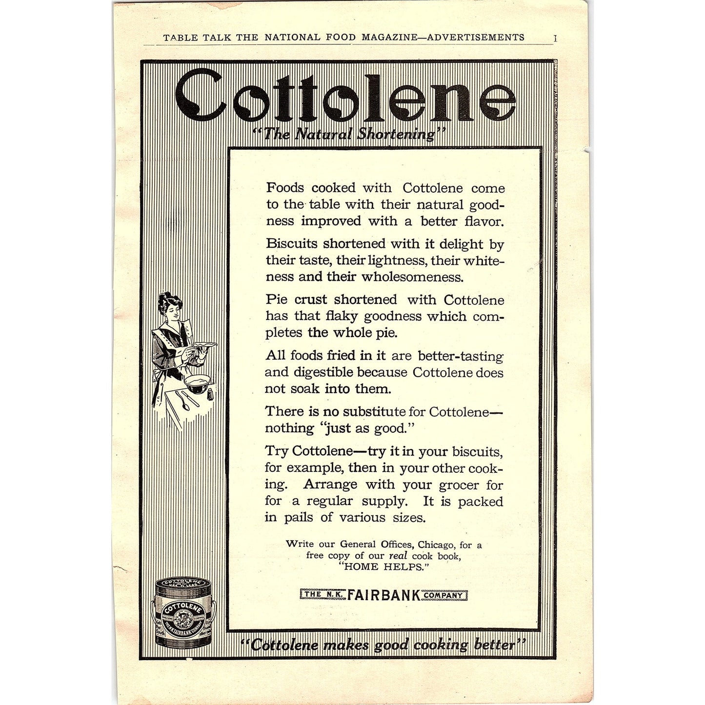 Cottolene Natural Shortening The N.K. Fairbank Company 1916 Ad AF6-10