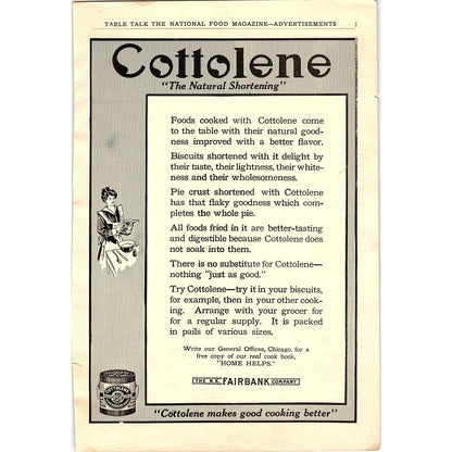 Cottolene Natural Shortening The N.K. Fairbank Company 1916 Ad AF6-10