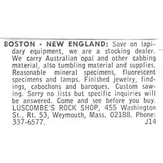 Luscombe's Rock Shop Weymouth Massachusetts 1972 Ad AF8-S14