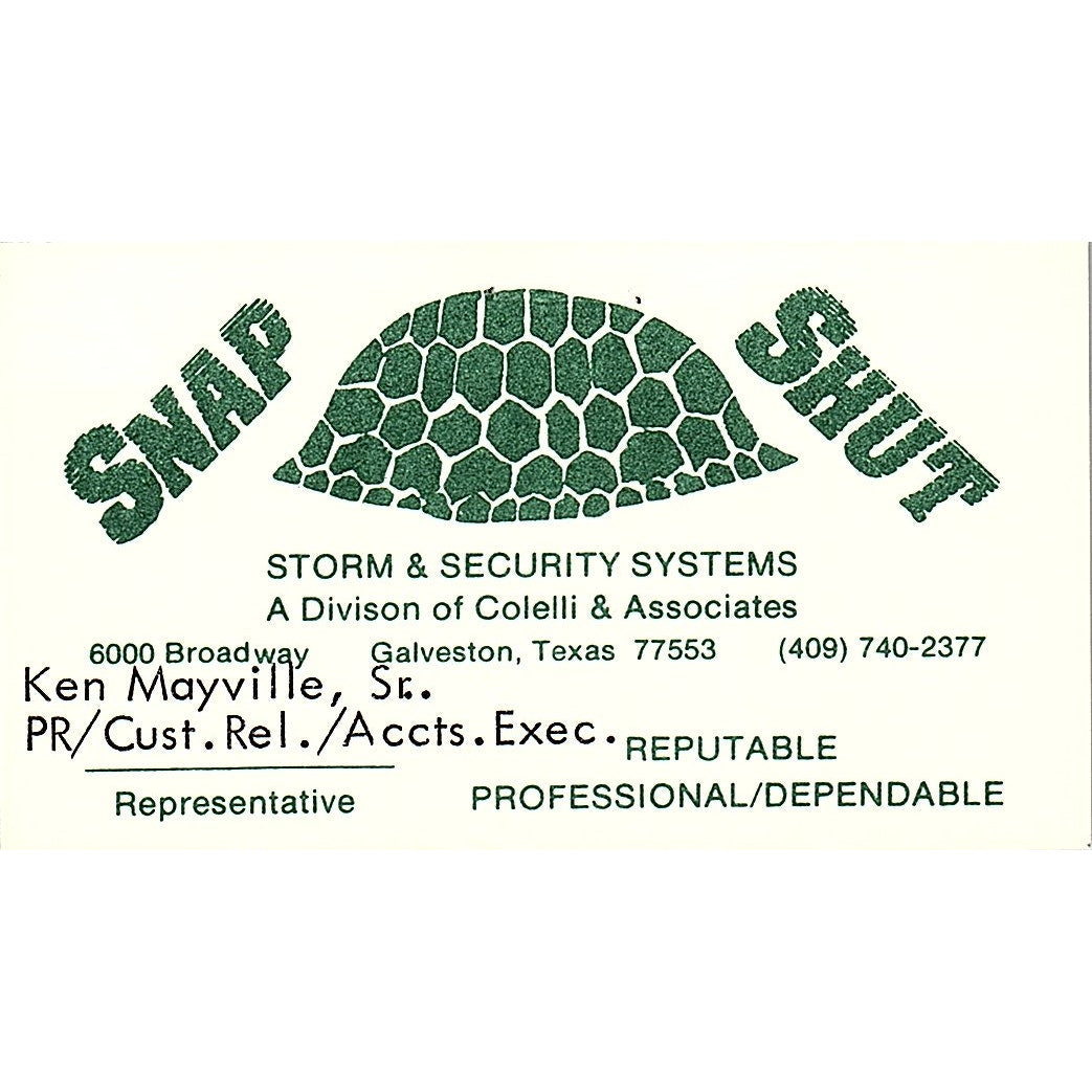 Snap Shut Storm & Security System Ken Mayville Galveston TX Business Card SB4-B3