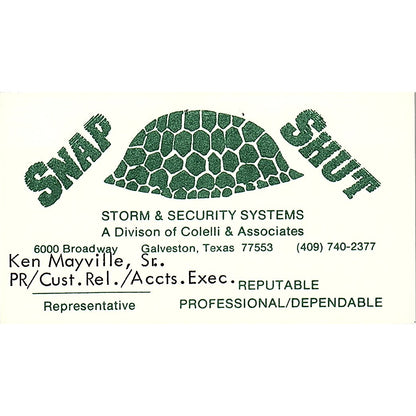 Snap Shut Storm & Security System Ken Mayville Galveston TX Business Card SB4-B3