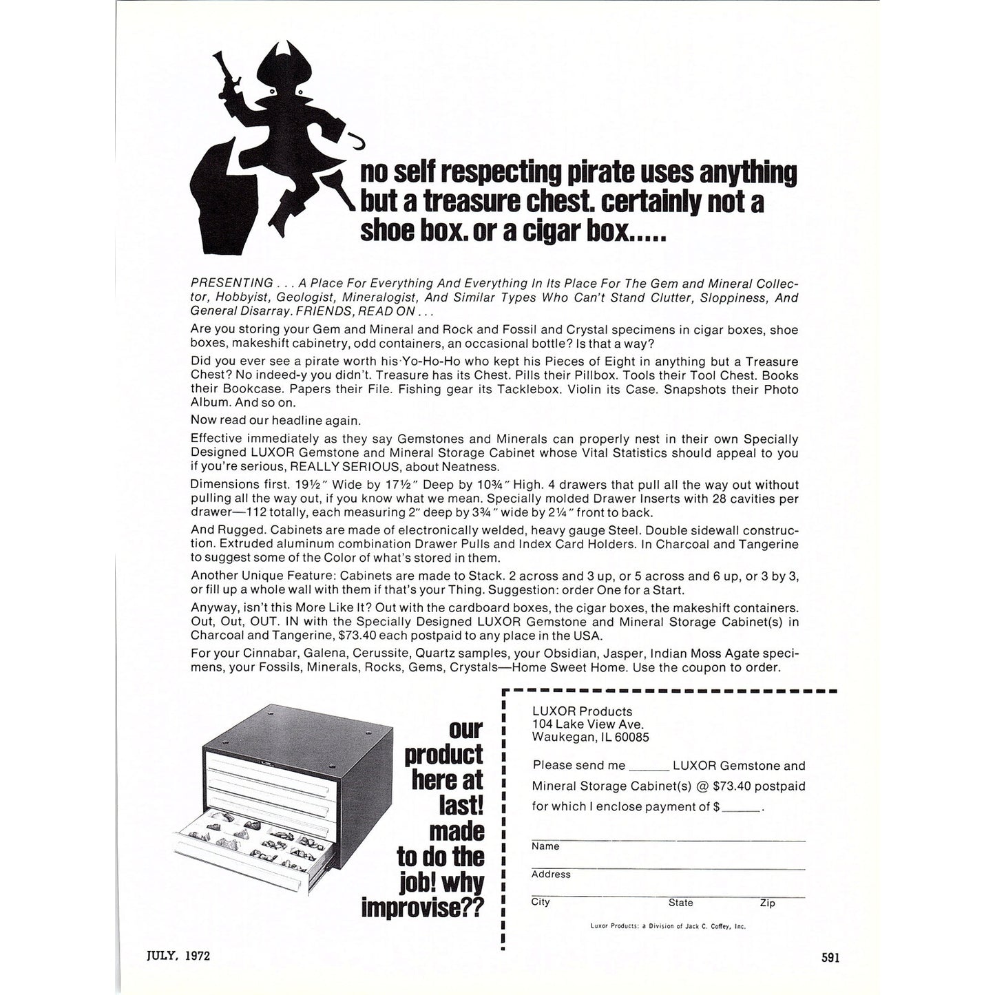 Luxor Products Gemstone & Mineral Storage Cabinet Waukegan IL 1972 Ad AF8-3