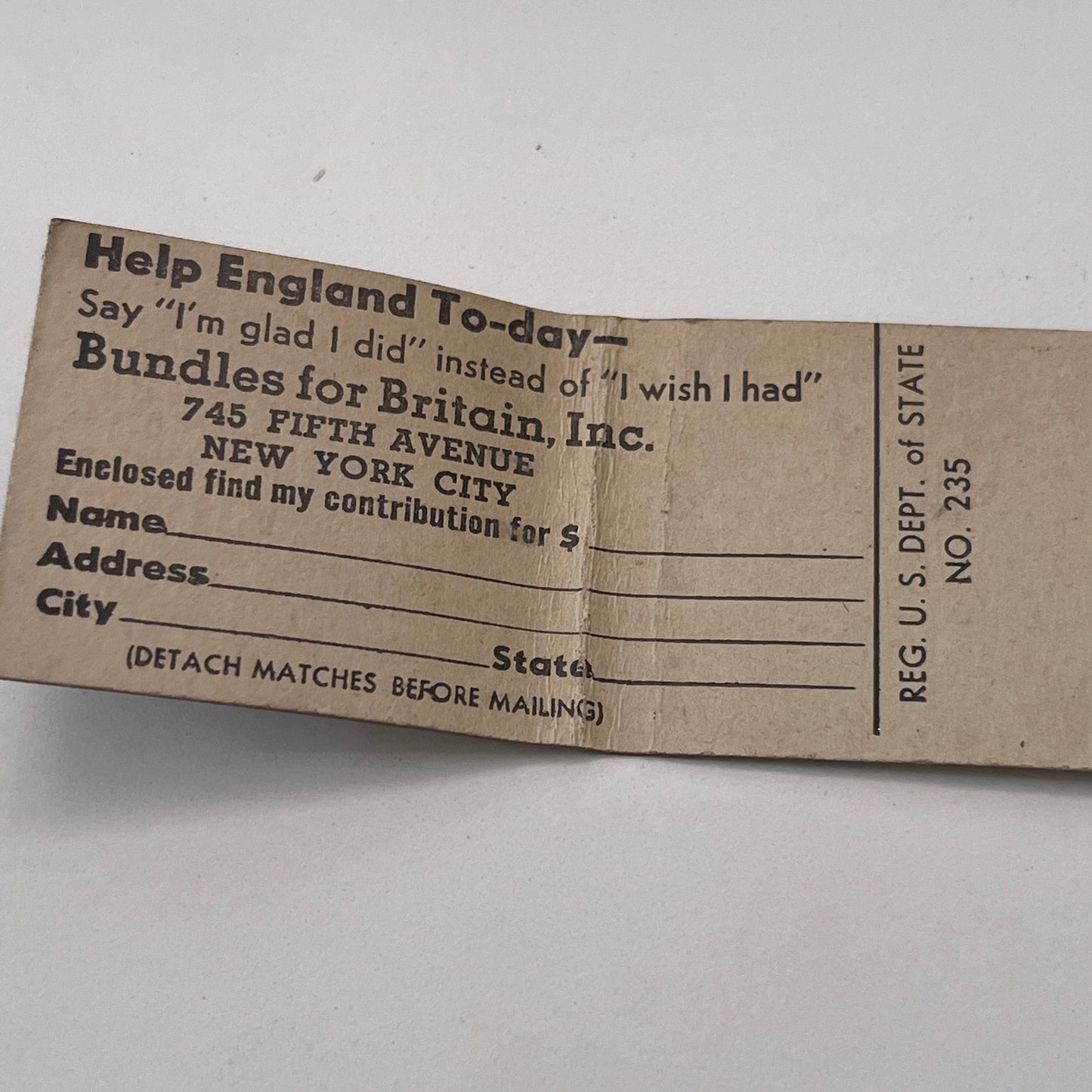 Bundles for Britain Inc New York City Vintage Matchbook Cover TB8-MB-14