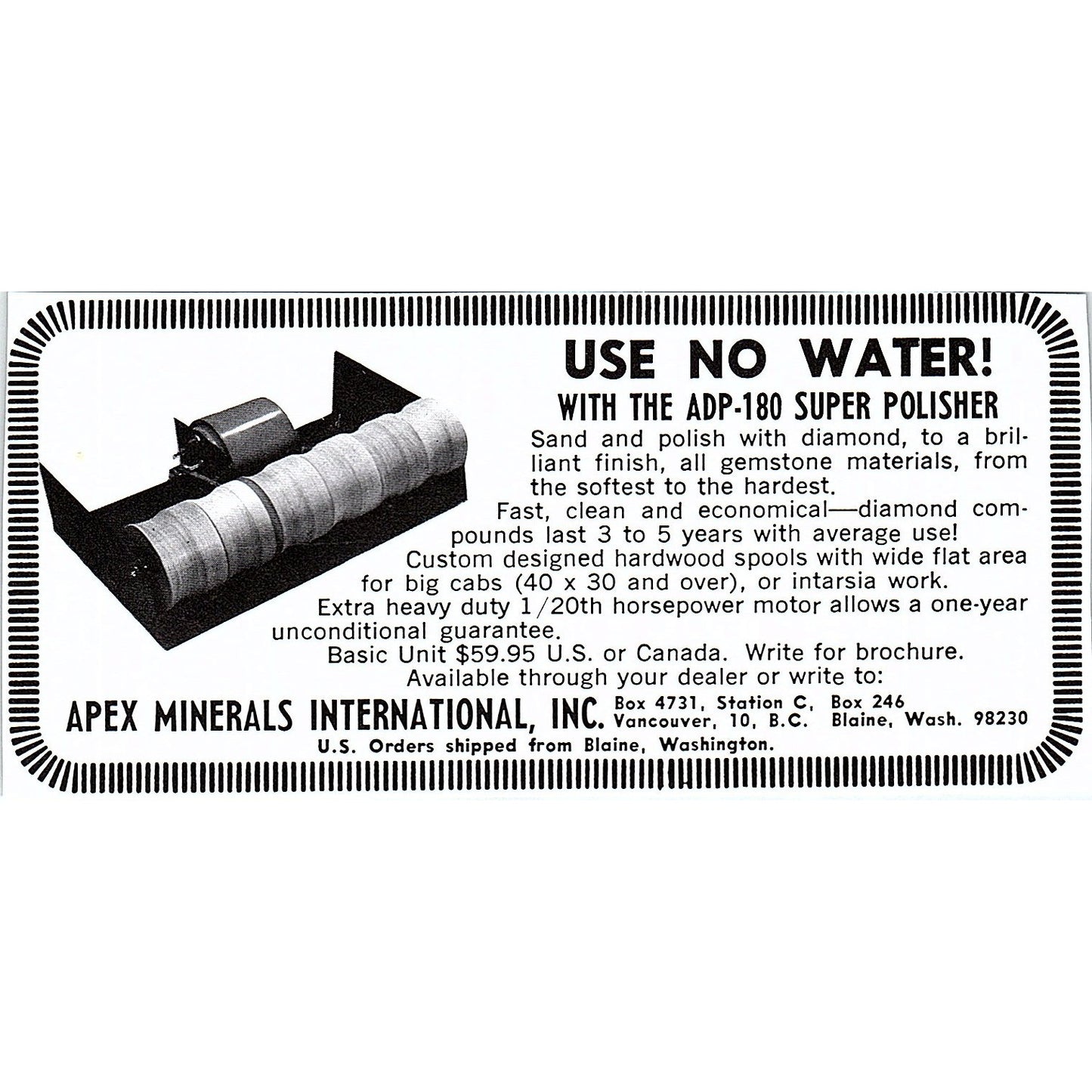 Apex Minerals International ADP-180 Super Polisher Blaine WA 1972 Ad AF8-M4