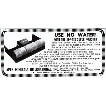 Apex Minerals International ADP-180 Super Polisher Blaine WA 1972 Ad AF8-M4