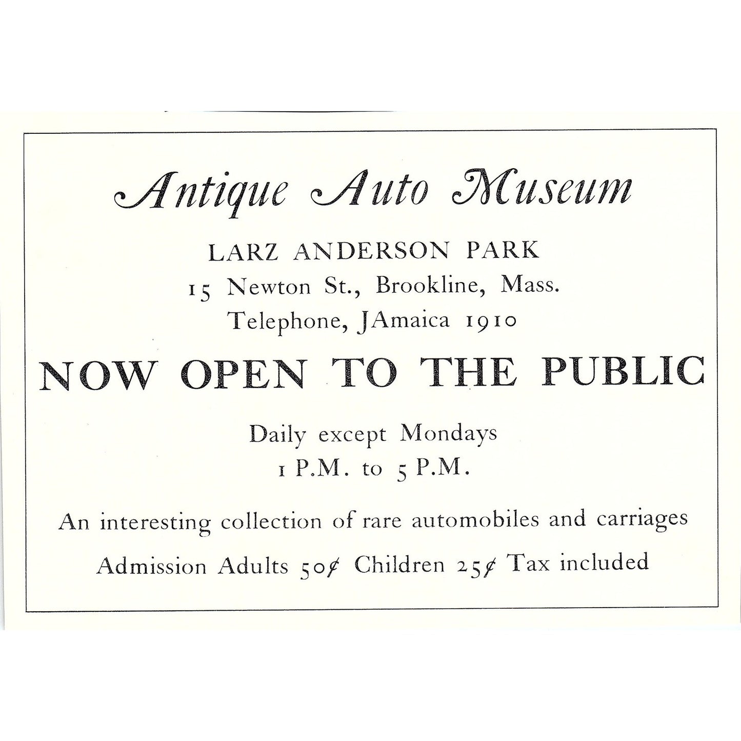 Antique Auto Museum Larz Anderson Park Brookline MA 1950 Ad AF6-6