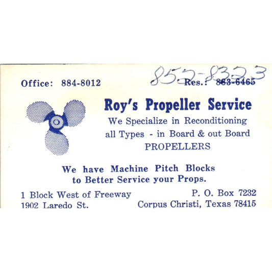 Roy's Propeller Service Corpus Christi TX Vintage Business Card SD8-B8