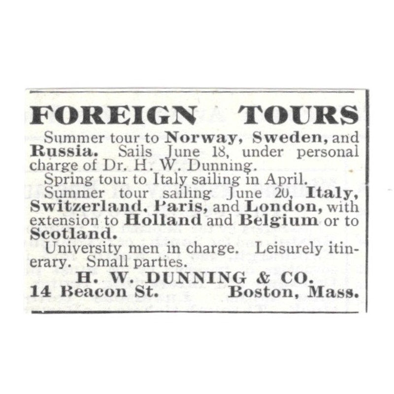 European Tours H.W. Dunning & Co Boston MA 1903 Ad AG3-S10