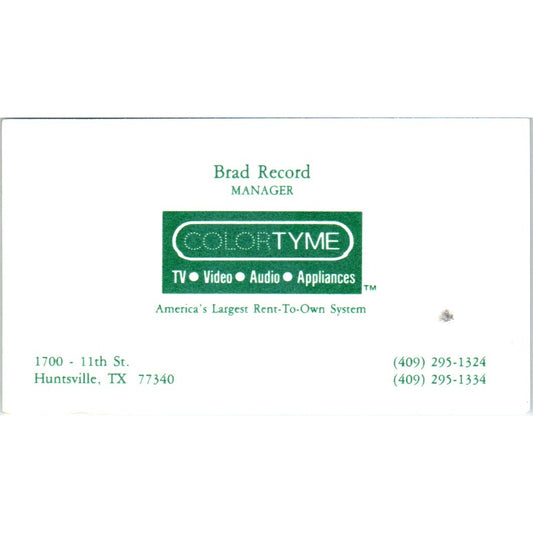 Brad Record Huntsville TX Colortyme TV Rental Vintage Business Card SD8-B5
