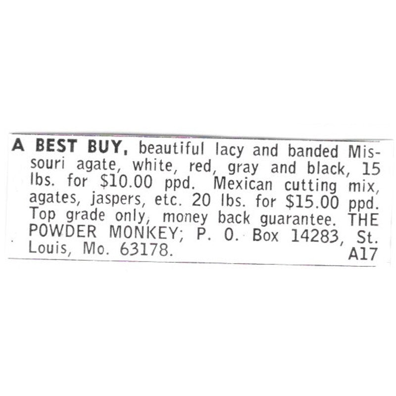 The Powder Monkey Missouri Agate St Louis MO 1972 Ad AF8-S17