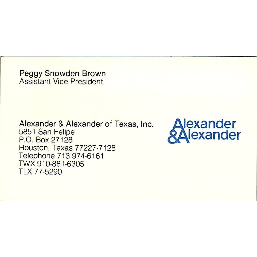 Peggy Snowden Brown Alexander & Alexander Houston Vintage Business Card SD9-B6