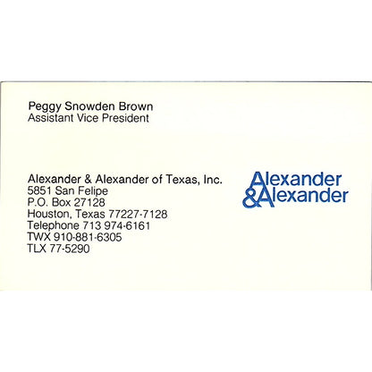 Peggy Snowden Brown Alexander & Alexander Houston Vintage Business Card SD9-B6
