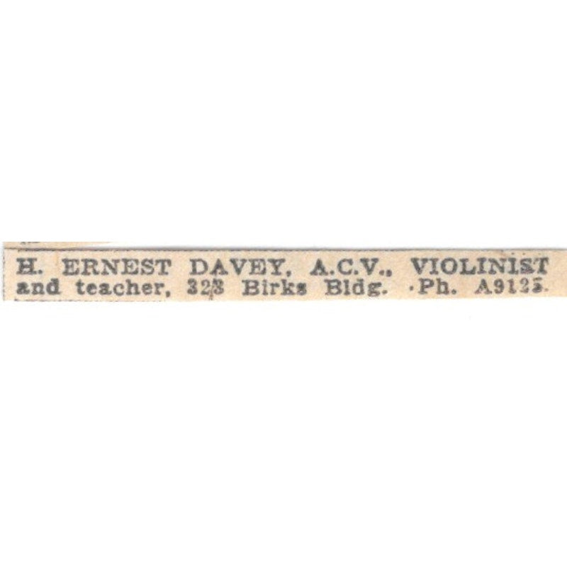 H Ernest Davey A.C.V Violinist & Teacher 323 Birks Bldg Winnipeg 1920 Ad AG2-S11