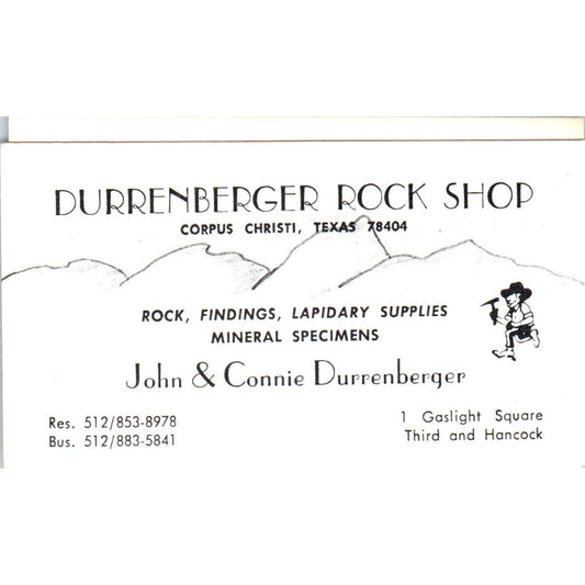 John & Connie Durrenberger Rock Shop Corpus Christi Vintage Business Card SD8-B6