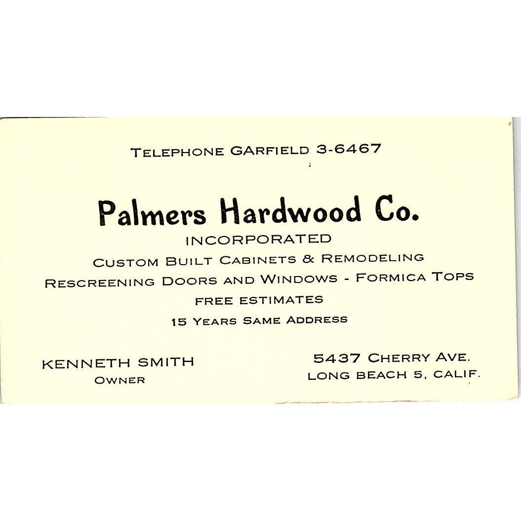 Palmers Hardwood Co Kenneth Smith Long Beach Vintage Business Card SD9-B4