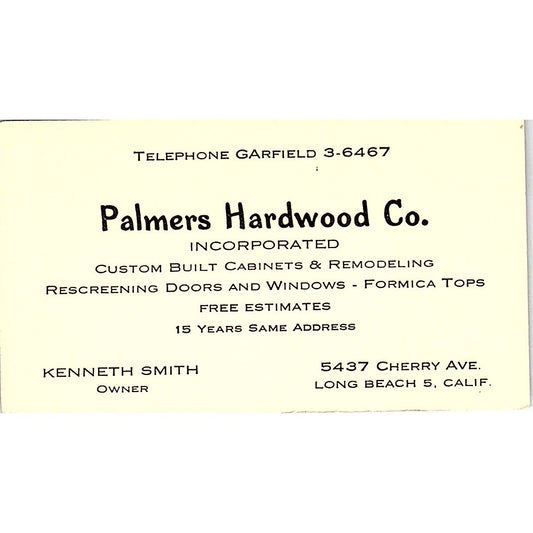 Palmers Hardwood Co Kenneth Smith Long Beach Vintage Business Card SD9-B4