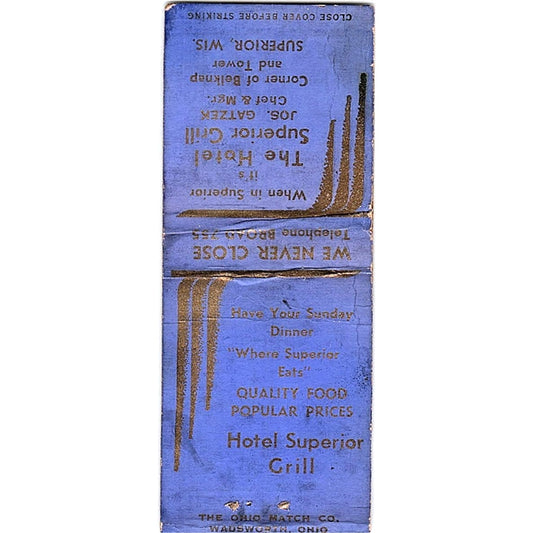 Hotel Superior Grill Jos. Gatzek Superior WI Vintage Matchbook Cover SF3-Y3