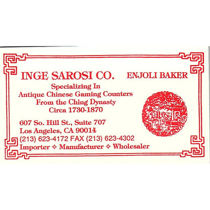 Inge Sarosi Co Chinese Gaming Counters Los Angeles Vintage Business Card SD9-B14