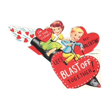 Vintage Die Cut Valentines Card Let's Blast Off Spaceship Boy & Girl AF7-E11