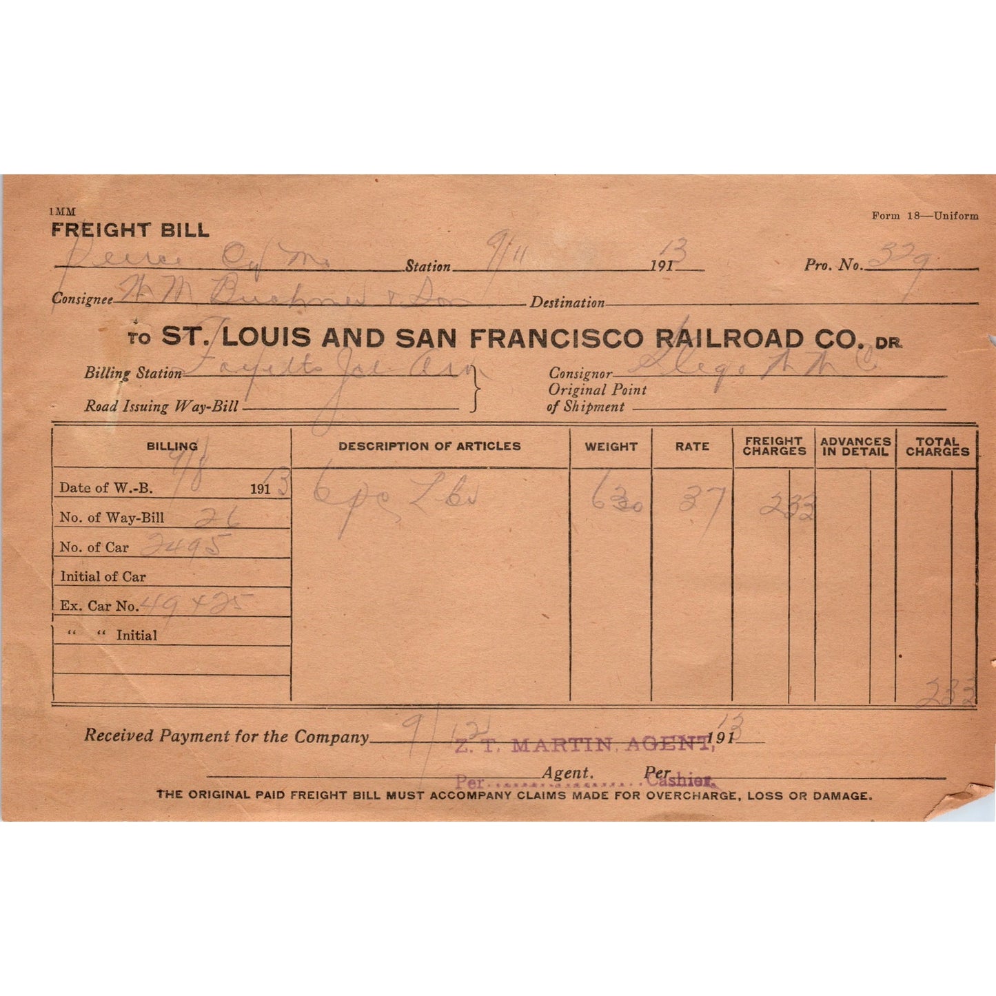 1913 St. Louis and San Francisco Railroad Freight Bill AD8-R8