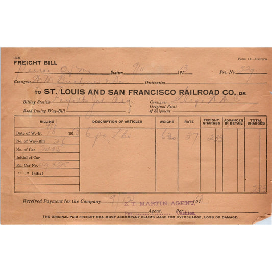 1913 St. Louis and San Francisco Railroad Freight Bill AD8-R8