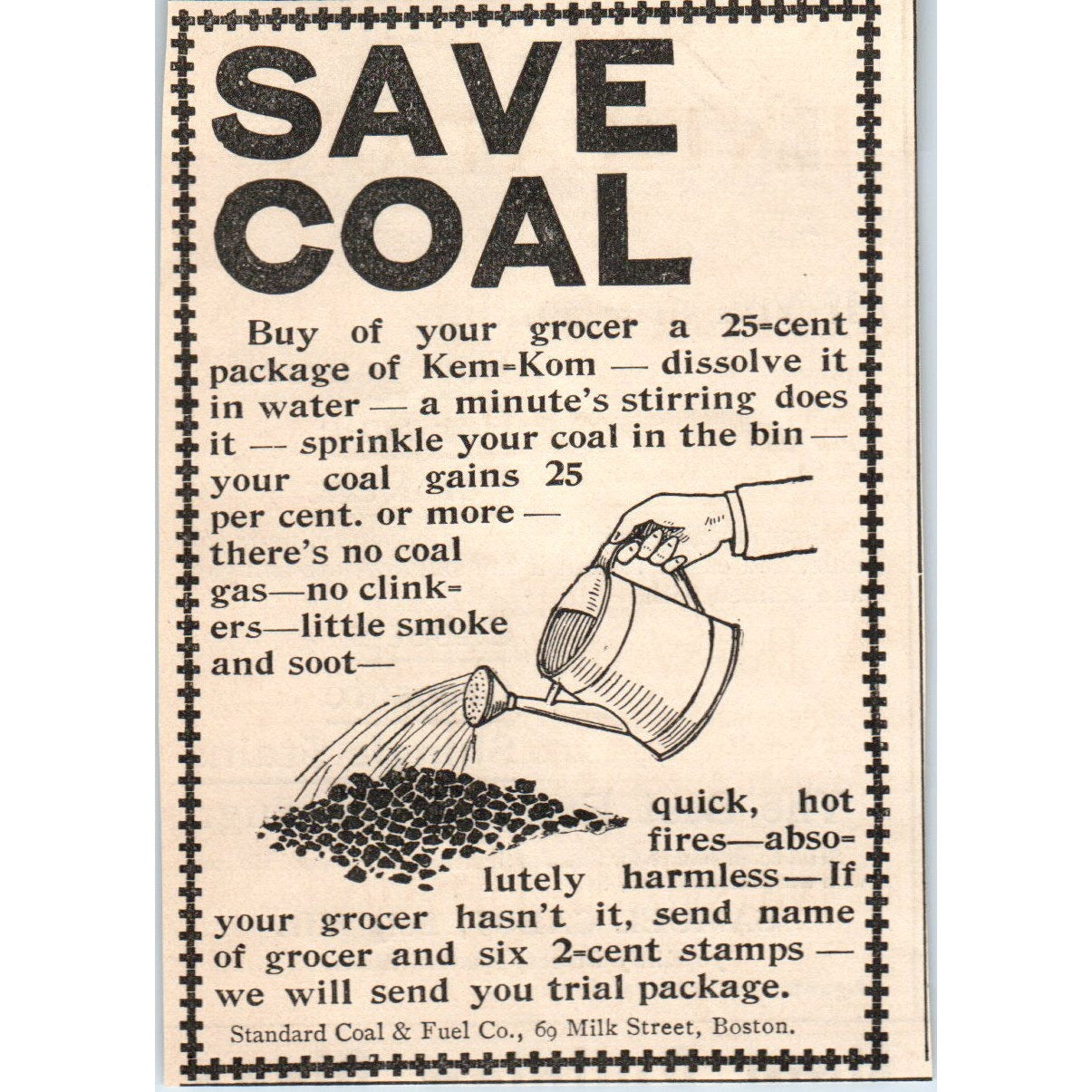 Kem-Kom Coal Saver Standard Coal & Fuel Co Boston 1892 Magazine Ad AB6-3