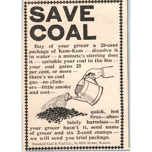 Kem-Kom Coal Saver Standard Coal & Fuel Co Boston 1892 Magazine Ad AB6-3